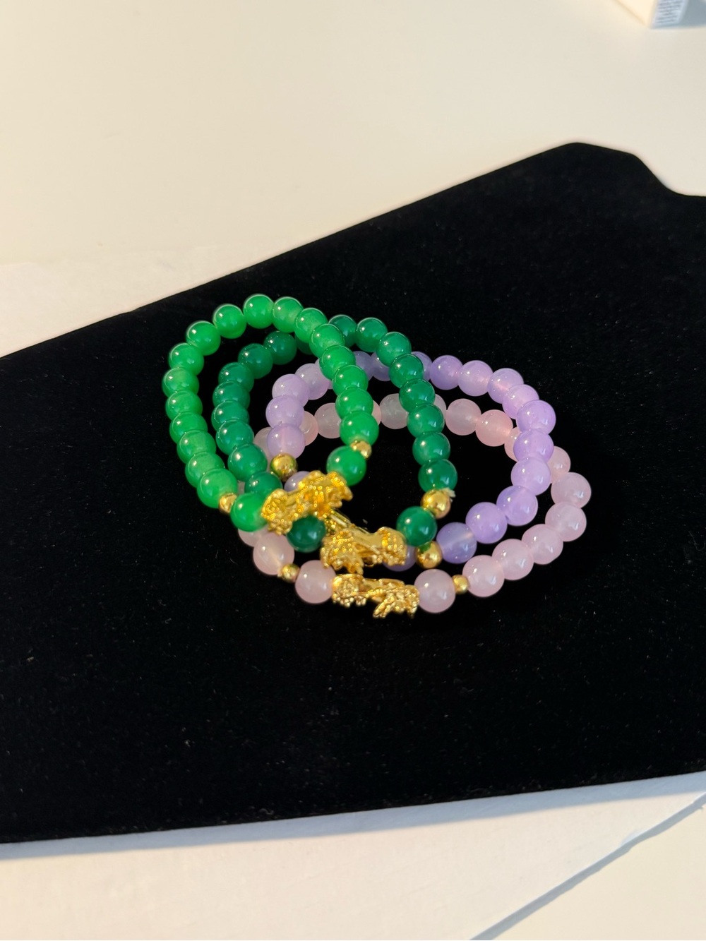 Green & Lavender Beaded Stretch Bracelet Set with Gold Accents